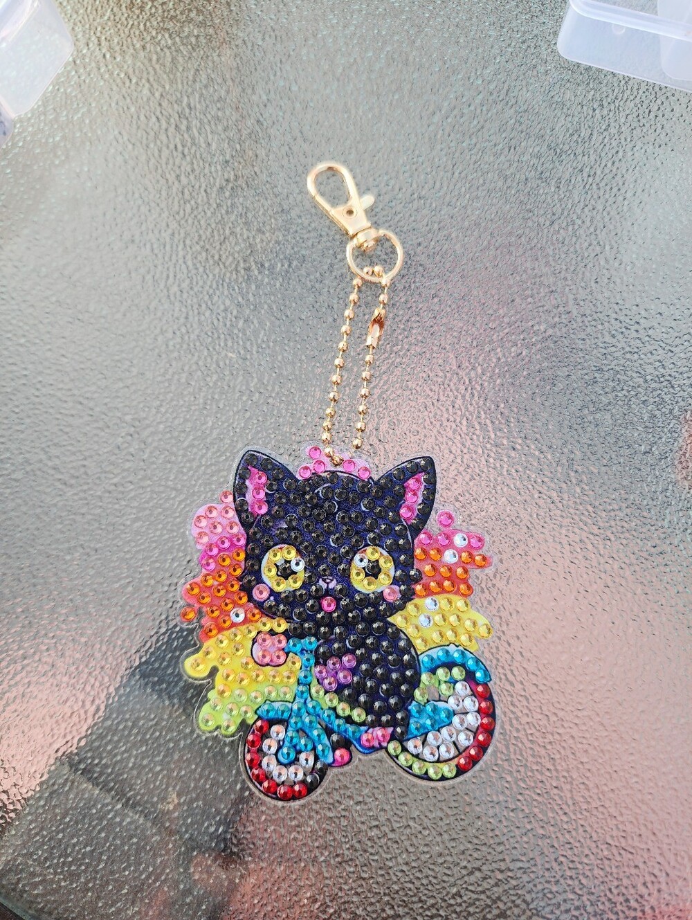Rainbow Sequin Black Cat Keychain Charm